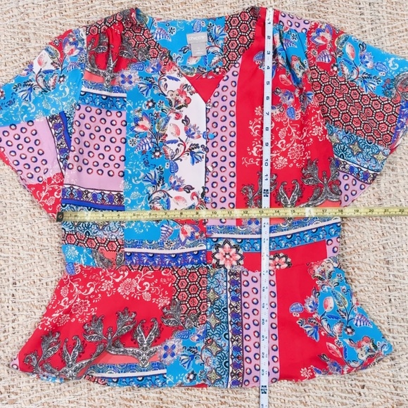 Chicos Patchwork Print Peplum Flutter Sleeve Top Blouse Size 0 US (4/6 Small) - Picture 6 of 7